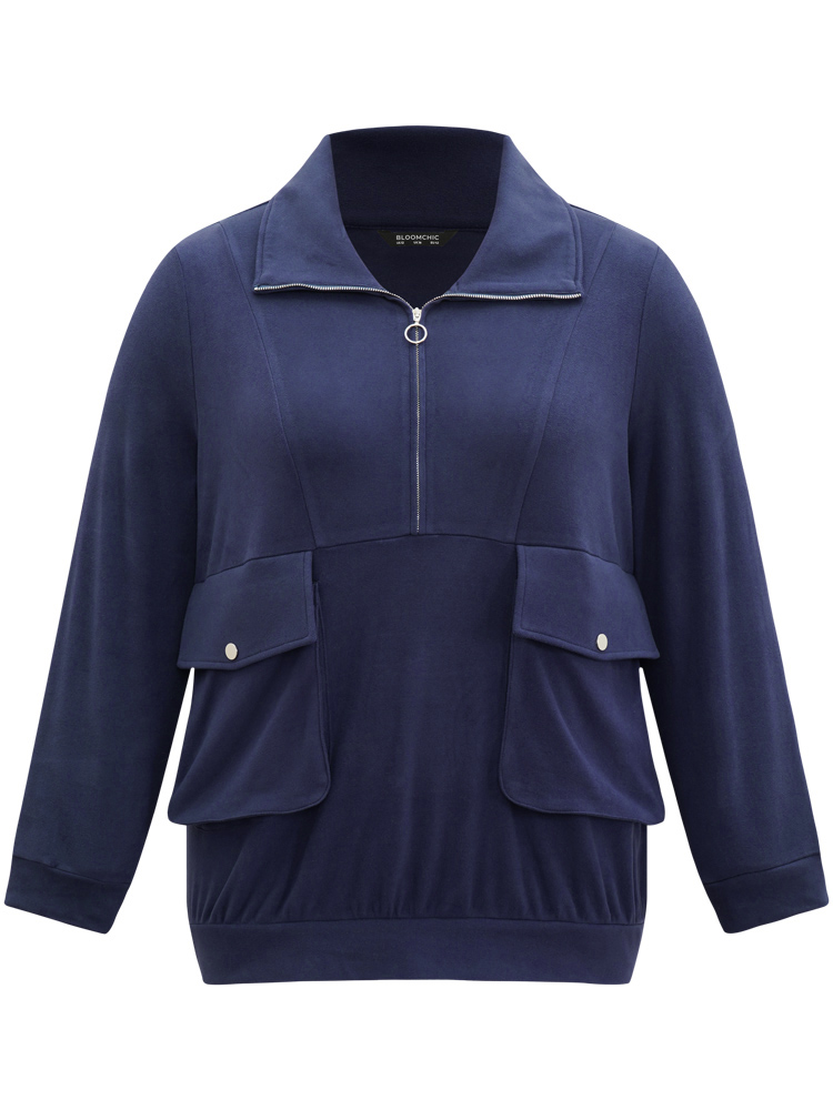 

Plus Size Solid Flap Pocket Half Zip Sweatshirt Women Blue Casual Plain Lapel Collar Dailywear Sweatshirts BloomChic