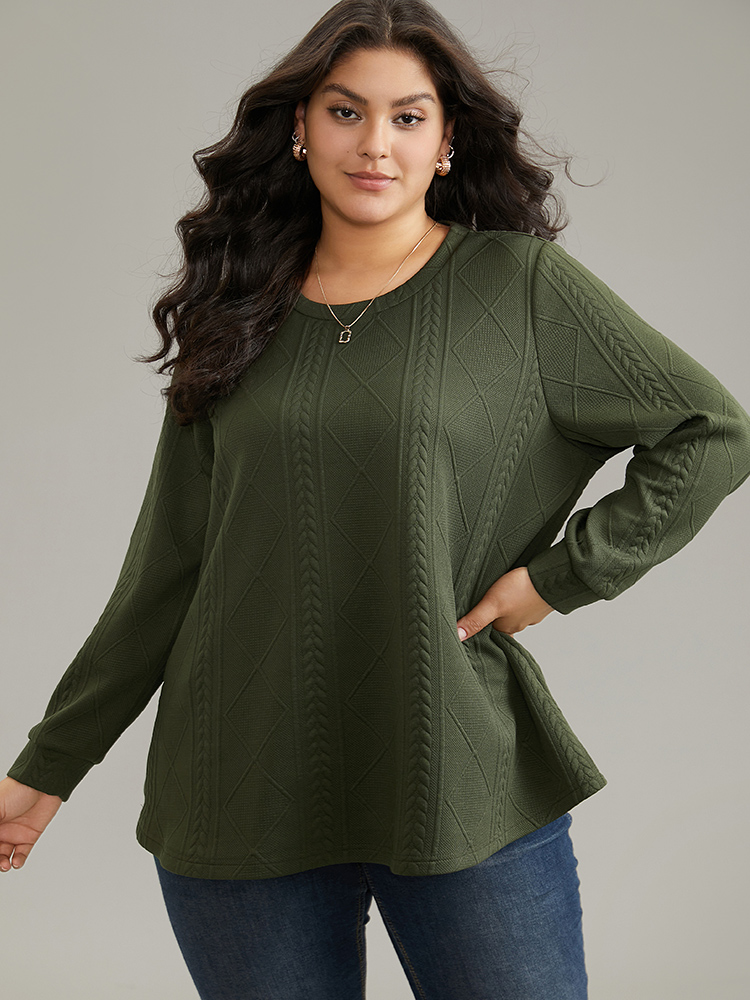 

Plus Size Plain Textured Round Neck Sweatshirt Women ArmyGreen Casual Non Round Neck Everyday Sweatshirts BloomChic