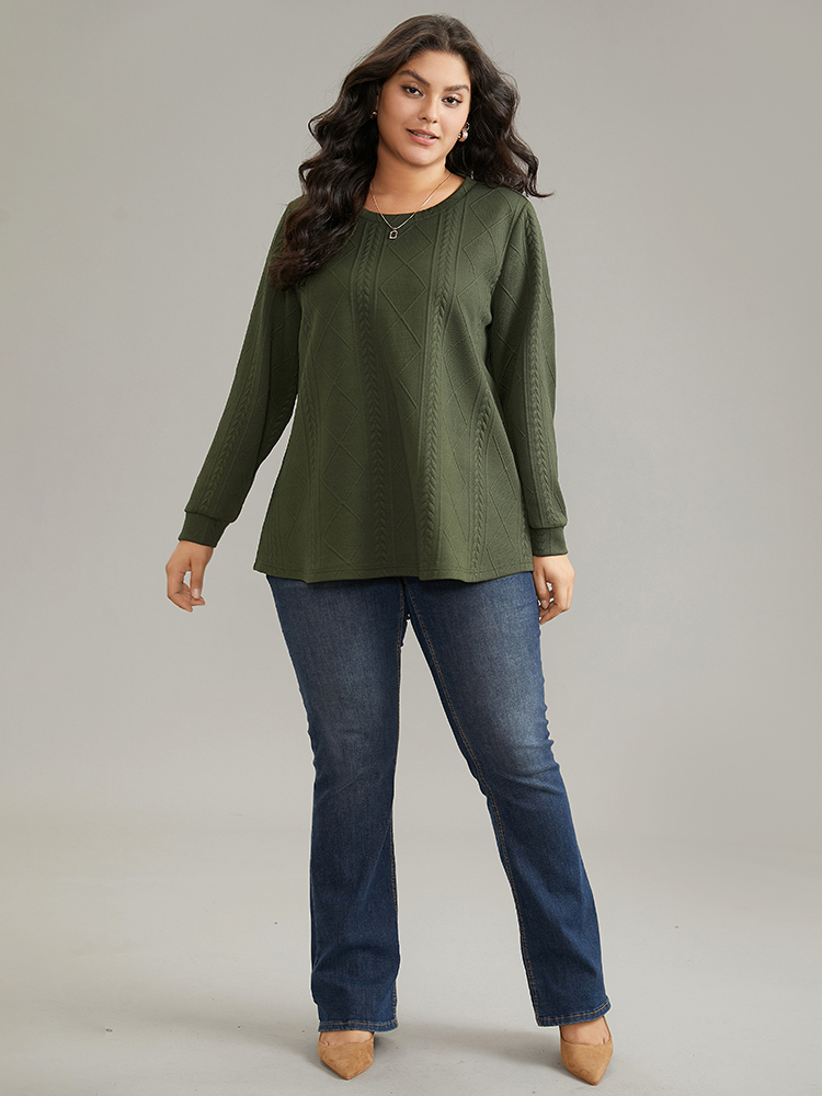 

Plus Size Plain Textured Round Neck Sweatshirt Women ArmyGreen Casual Non Round Neck Everyday Sweatshirts BloomChic