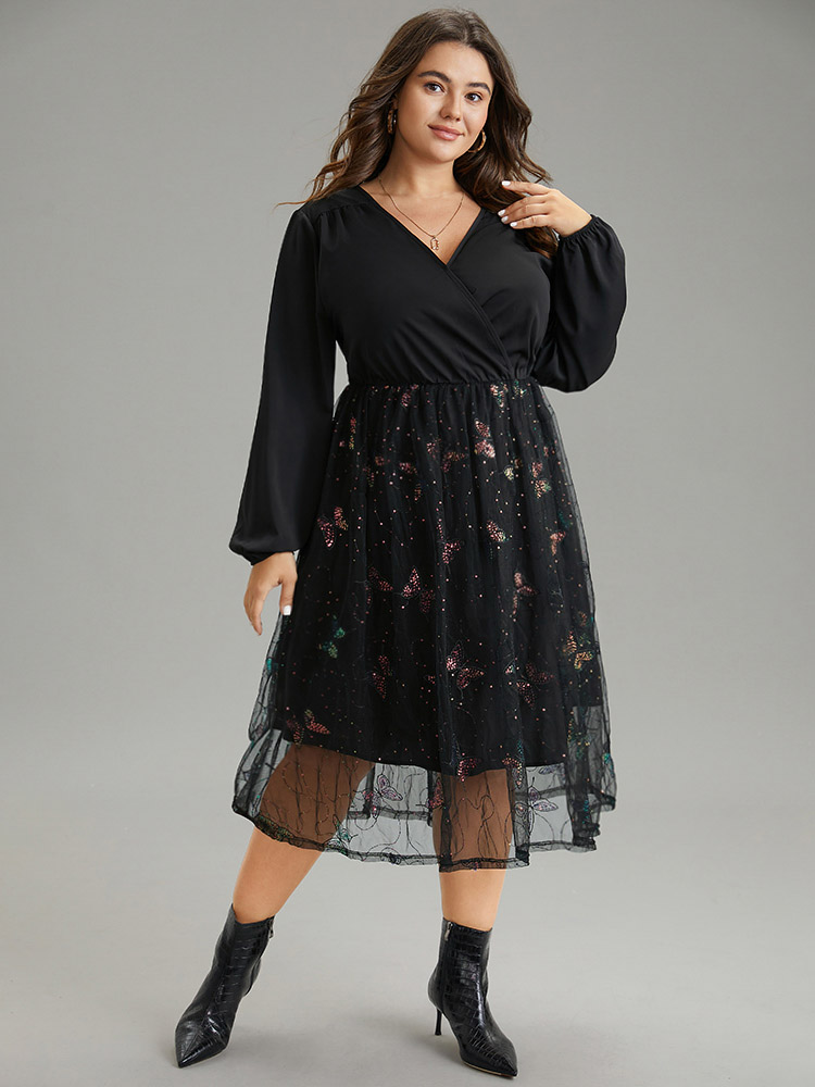 

Plus Size Butterfly Patchwork Lace Mesh Wrap Sequin Dress Black Women Elegant Sequin Overlap Collar Long Sleeve Curvy Midi Dress BloomChic