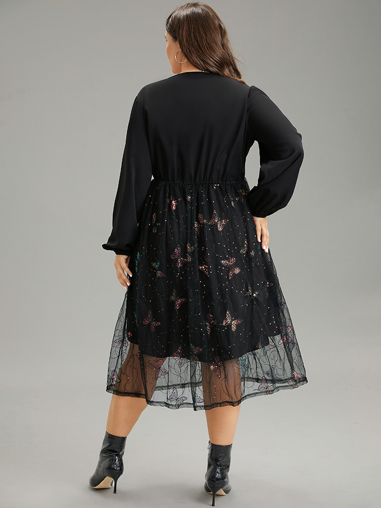 Plus Size Women Dailywear Plain Sequin Lantern Sleeve Long Sleeve Overlap Collar Elegant Dresses BloomChic 