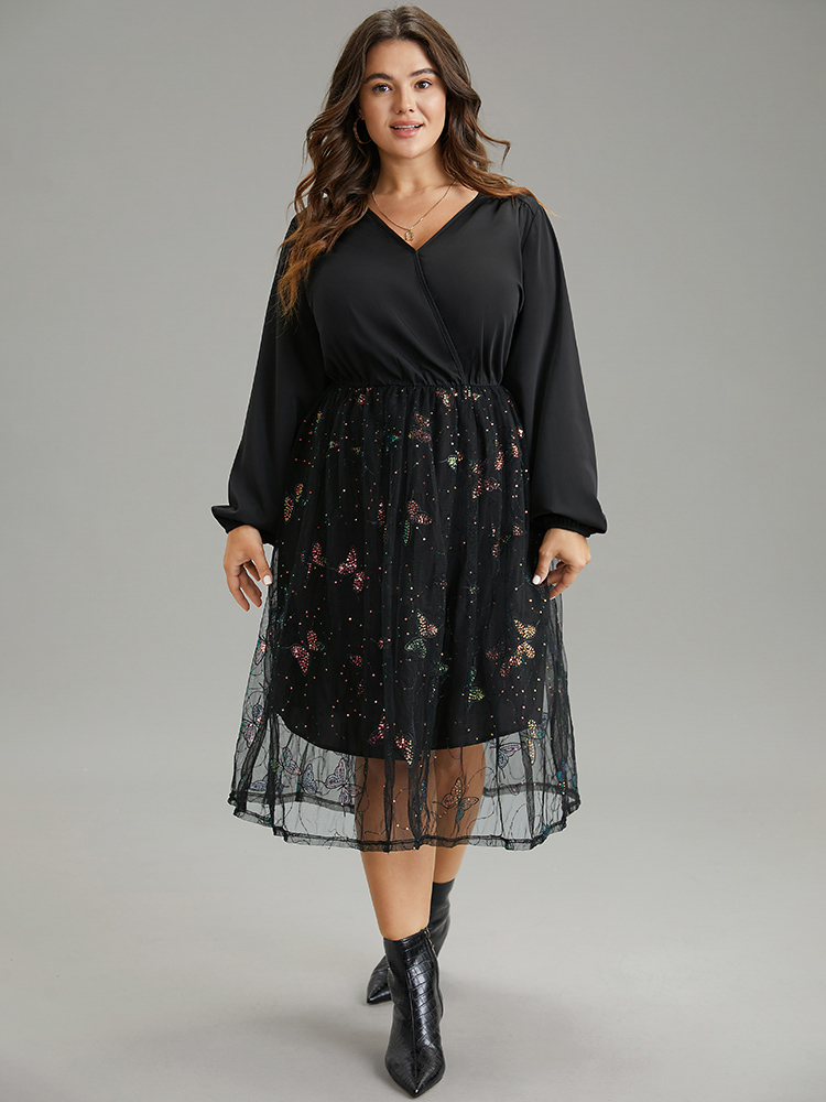 Plus Size Women Dailywear Plain Sequin Lantern Sleeve Long Sleeve Overlap Collar Elegant Dresses BloomChic 