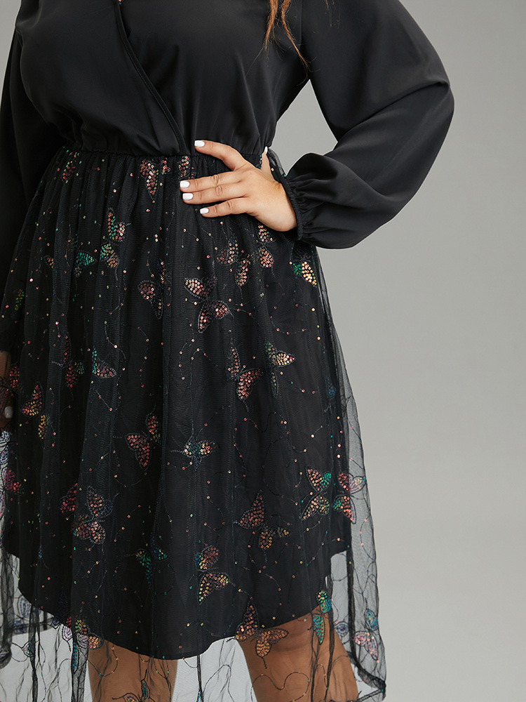 Plus Size Women Dailywear Plain Sequin Lantern Sleeve Long Sleeve Overlap Collar Elegant Dresses BloomChic 
