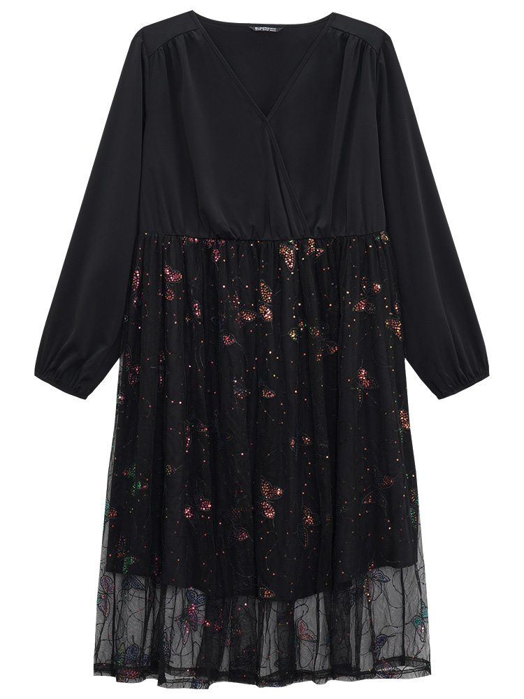 Plus Size Women Dailywear Plain Sequin Lantern Sleeve Long Sleeve Overlap Collar Elegant Dresses BloomChic 