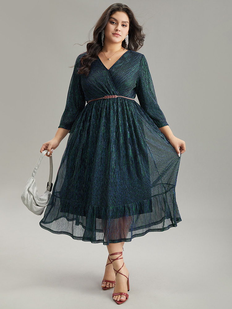 

Plus Size Luxe Mesh Pleated Elastic Waist Wrap Dress DarkGreen Women Party Texture Overlap Collar Elbow-length sleeve Curvy Midi Dress BloomChic