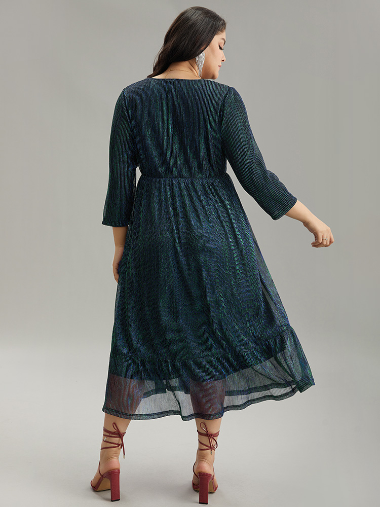 Plus Size Luxe Mesh Pleated Elastic Waist Wrap Dress DarkGreen Women Party Texture Overlap Collar Elbow-length sleeve Curvy Midi Dress BloomChic 26/4X 