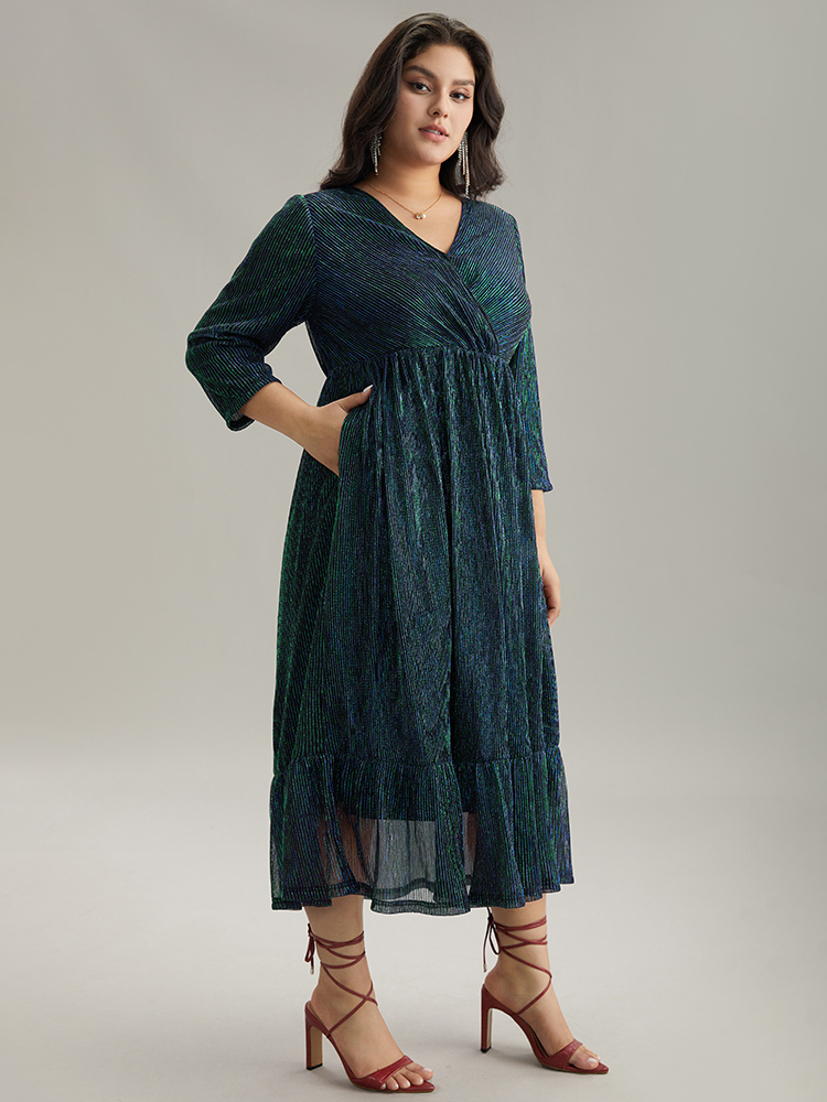 Plus Size Luxe Mesh Pleated Elastic Waist Wrap Dress DarkGreen Women Party Texture Overlap Collar Elbow-length sleeve Curvy Midi Dress BloomChic 26/4X 