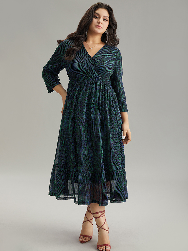 

Plus Size Luxe Mesh Pleated Elastic Waist Wrap Dress DarkGreen Women Party Texture Overlap Collar Elbow-length sleeve Curvy Midi Dress BloomChic