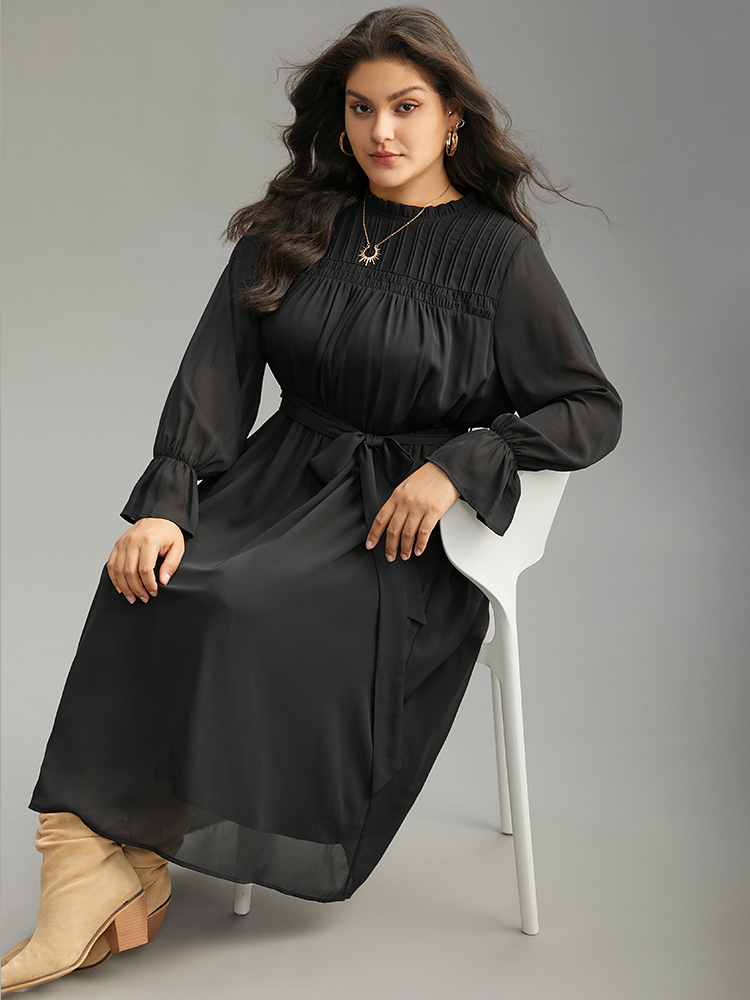 Plus Size Women Work Plain Button Regular Sleeve Long Sleeve Stand-up collar Pocket Belt Office Dresses BloomChic 