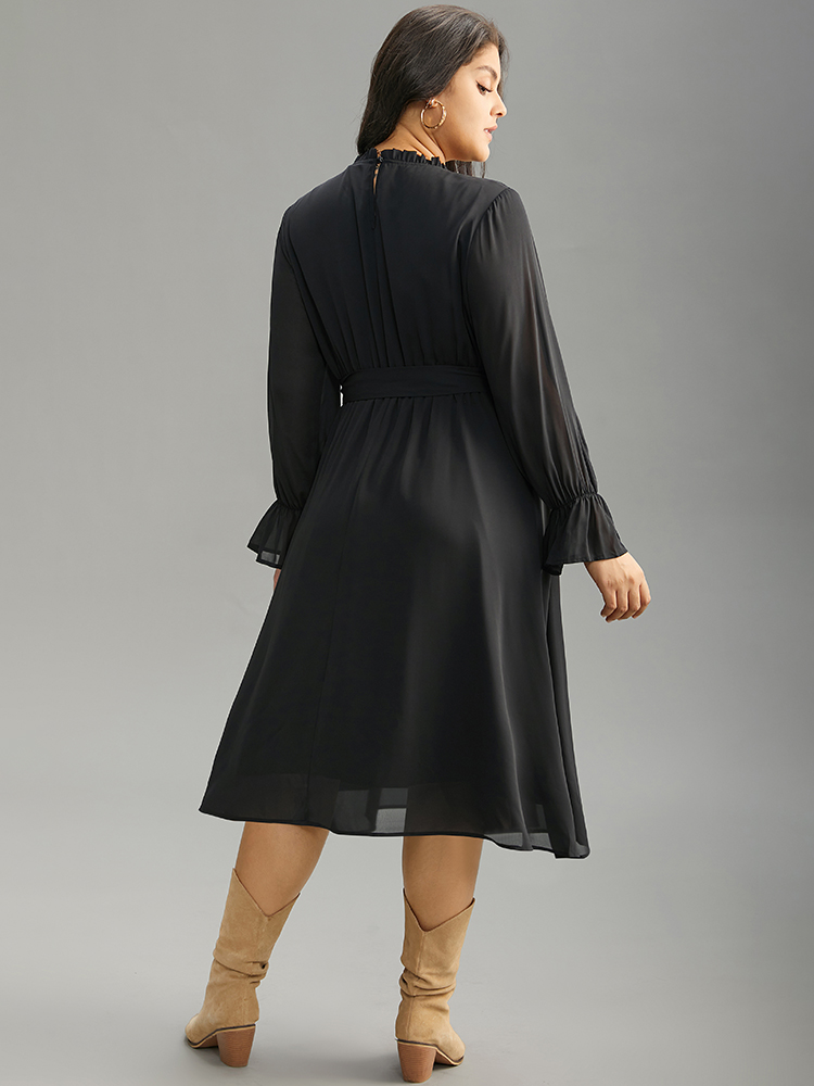 Plus Size Women Work Plain Button Regular Sleeve Long Sleeve Stand-up collar Pocket Belt Office Dresses BloomChic 