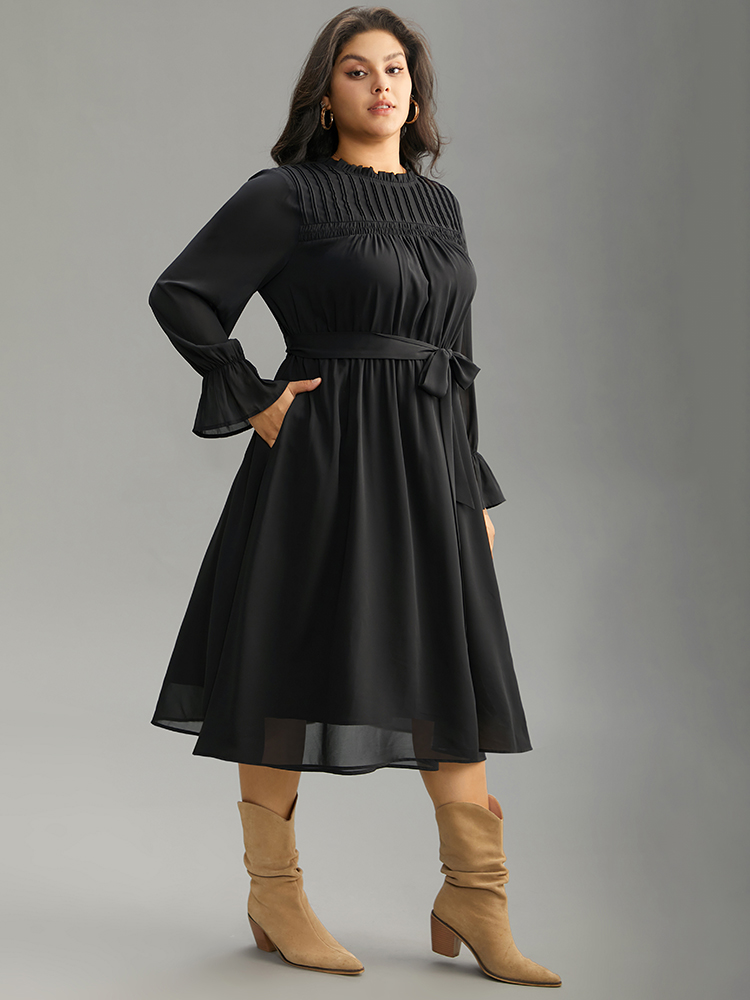 Plus Size Women Work Plain Button Regular Sleeve Long Sleeve Stand-up collar Pocket Belt Office Dresses BloomChic 