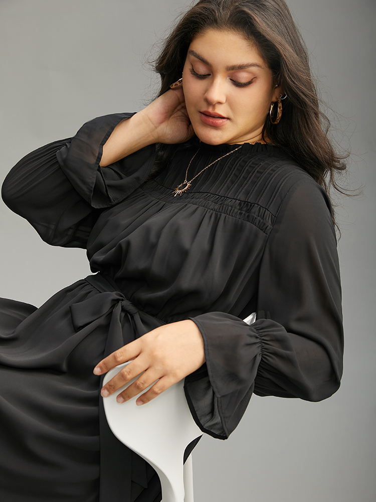 Plus Size Women Work Plain Button Regular Sleeve Long Sleeve Stand-up collar Pocket Belt Office Dresses BloomChic 