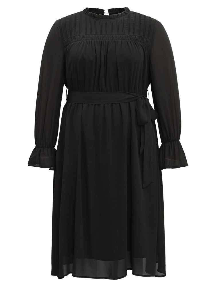 Plus Size Women Work Plain Button Regular Sleeve Long Sleeve Stand-up collar Pocket Belt Office Dresses BloomChic 