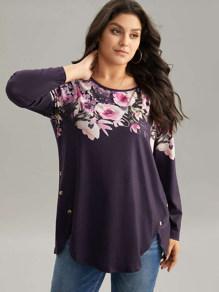 

Plus Size Floral Print Button Detail Arc Hem T-shirt Indigo Round Neck Long Sleeve Elegant Jersey Tops