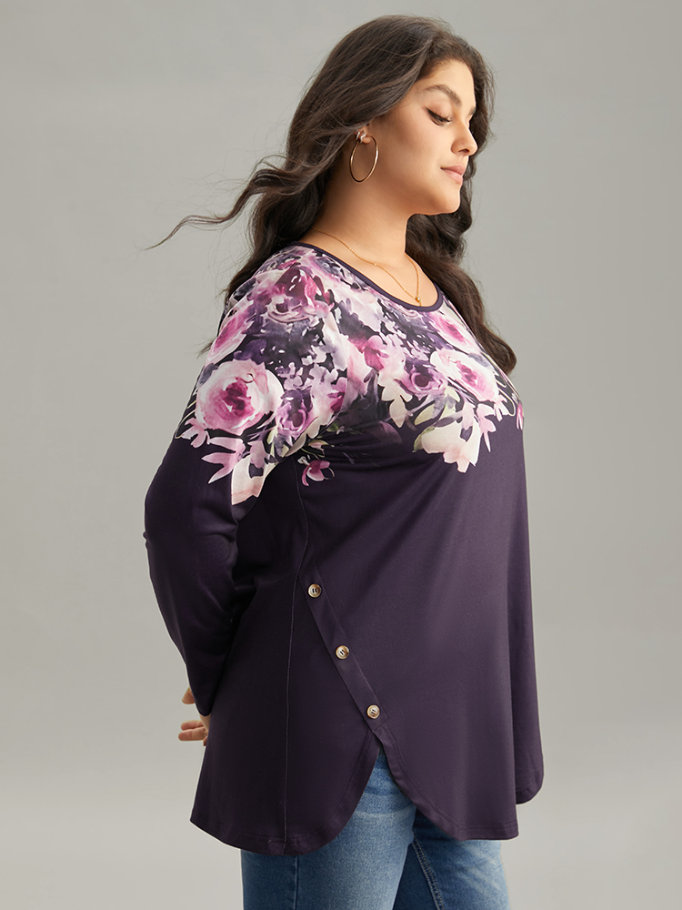 

Plus Size Floral Print Button Detail Arc Hem T-shirt Indigo Round Neck Long Sleeve Elegant Jersey Tops