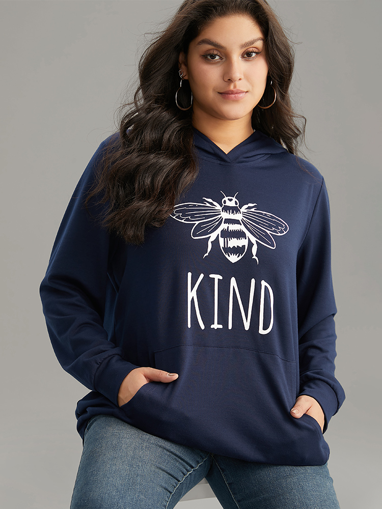 

Plus Size Bee Print Hooded Kangaroo Pocket Sweatshirt Women Indigo Casual Printed Hooded Everyday Sweatshirts BloomChic