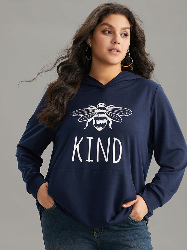 Plus Size Bee Print Hooded Kangaroo Pocket Sweatshirt Women Indigo Casual Printed Hooded Everyday Sweatshirts BloomChic 12/L 