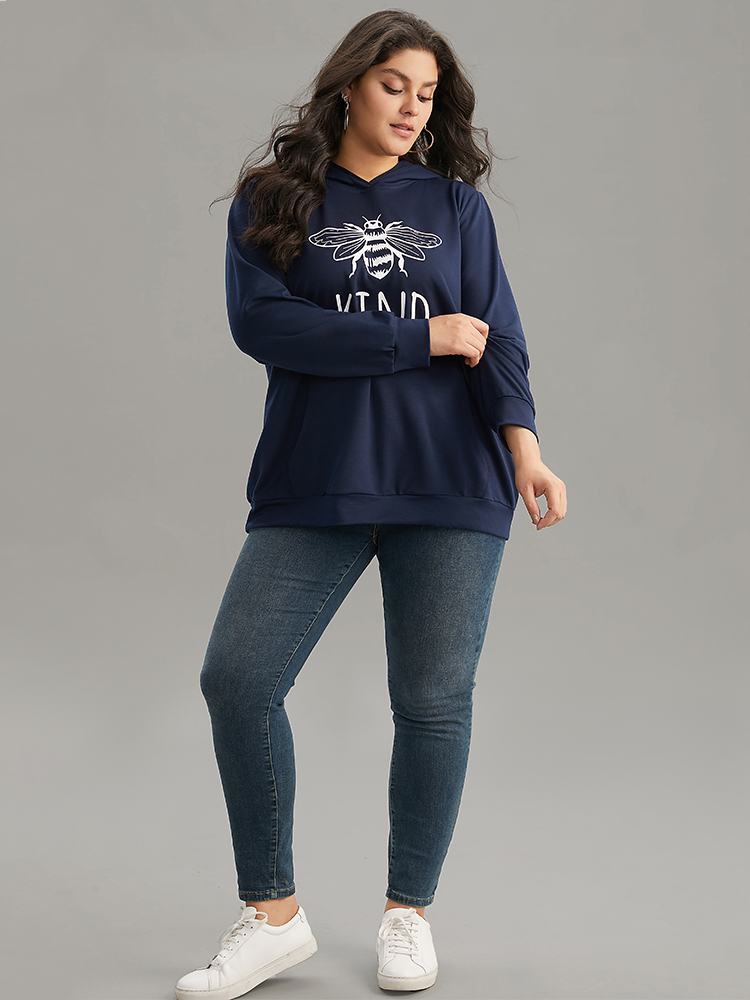 Plus Size Bee Print Hooded Kangaroo Pocket Sweatshirt Women Indigo Casual Printed Hooded Everyday Sweatshirts BloomChic 12/L 