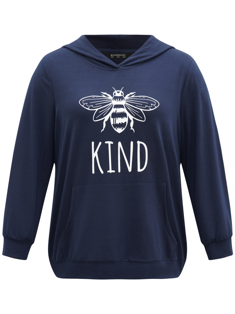 Plus Size Bee Print Hooded Kangaroo Pocket Sweatshirt Women Indigo Casual Printed Hooded Everyday Sweatshirts BloomChic 12/L 