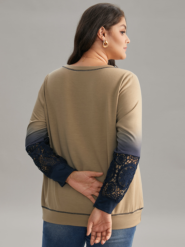 Plus Size Tie Dye Contrast Lace Panel Sweatshirt Women Tan Elegant Contrast Round Neck Dailywear Sweatshirts BloomChic 28/5X 