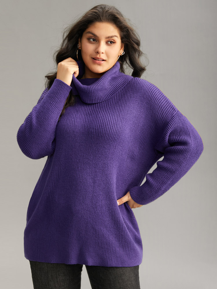 

Plus Size Plain Turtleneck Texture Elastic Cuffs Pullover BlueViolet Women Casual Loose Long Sleeve Turtleneck Dailywear Pullovers BloomChic