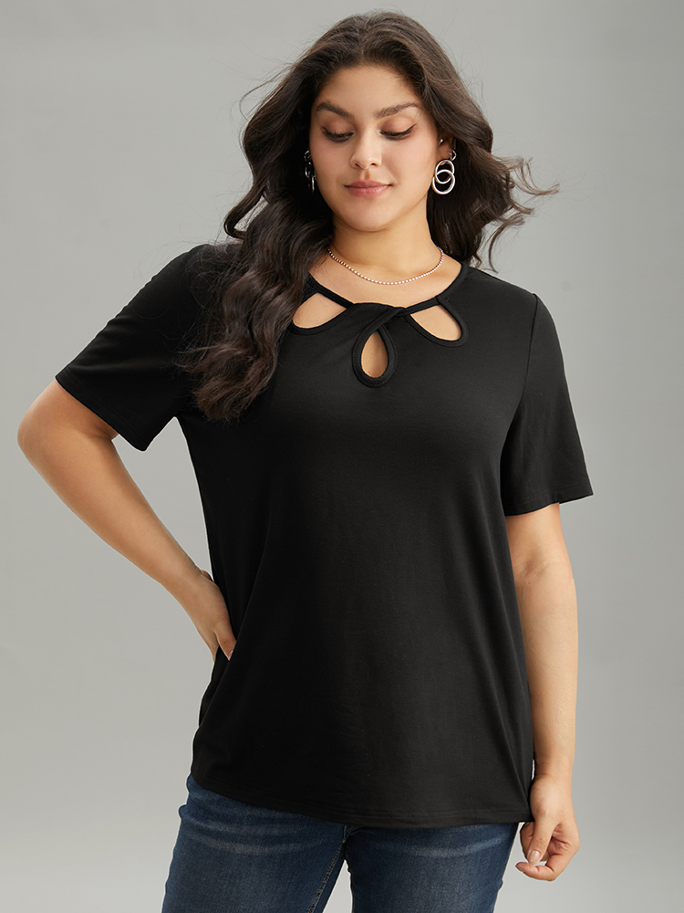 

Plus Size Solid Keyhole Cut Out T-shirt Black Women Elegant Plain Plain Keyhole Cut-Out Dailywear T-shirts BloomChic