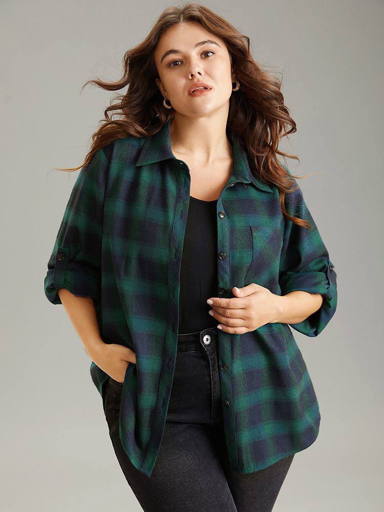 

Plus Size Shirt Collar Plaid Patchwork Pocket Tab Sleeve Blouse DarkGreen Long Sleeve Shirt collar Office Shirts