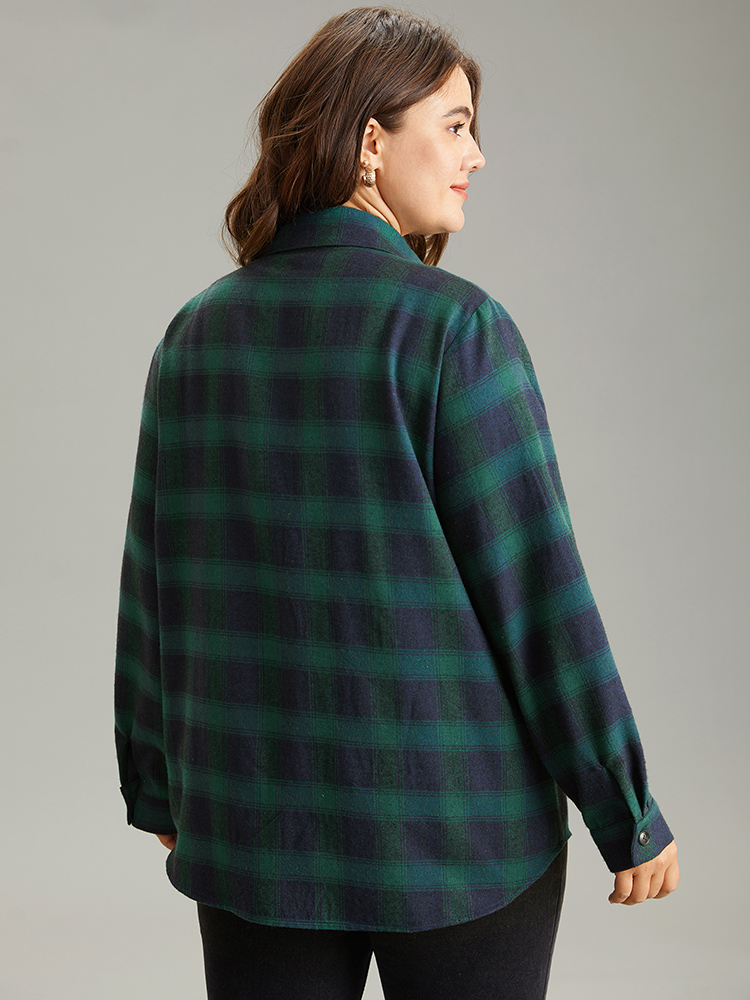 

Plus Size Shirt Collar Plaid Patchwork Pocket Tab Sleeve Blouse DarkGreen Long Sleeve Shirt collar Office Shirts