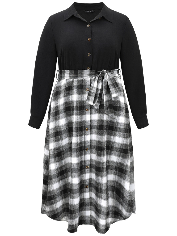 

Plus Size Plaid Patchwork Button Through Belted Dress Black Women Belted Shirt collar Long Sleeve Curvy Midi Dress BloomChic