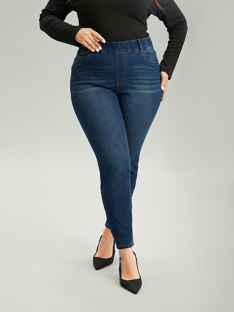 

Plus Size Dark Wash Skinny Elastic Waist Jeans Women Blue Casual Plain Plain High stretch Pocket Jeans BloomChic