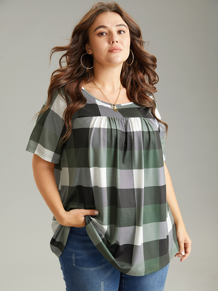 

Plus Size Plaid Round Neck Gathered T-shirt Green Women Casual Gathered Plaid Round Neck Everyday T-shirts BloomChic