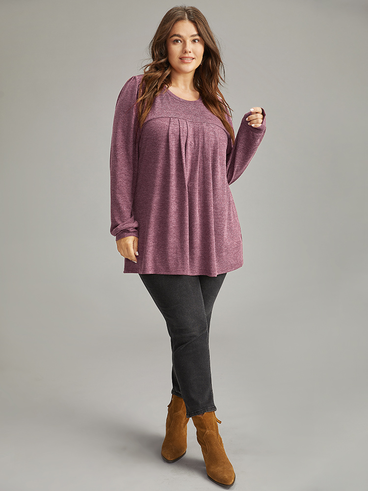 

Plus Size Plain Heather Plicated Detail T-shirt Russet Round Neck Long Sleeve Casual Jersey Tops