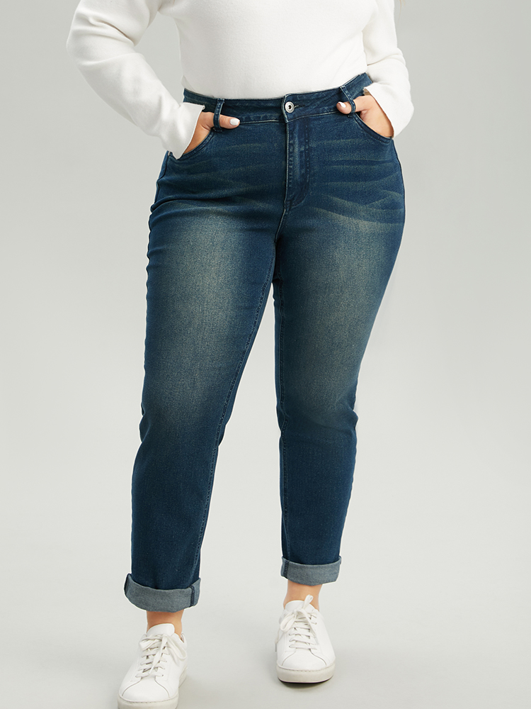 

Plus Size Very Stretchy Straight Leg Roll Hem Jeans Women Aegean Casual Plain Plain High stretch Pocket Jeans BloomChic