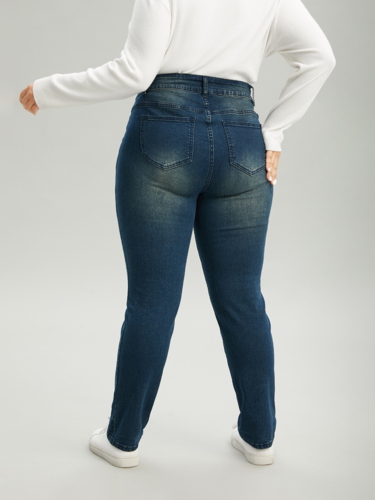Plus Size Very Stretchy Straight Leg Roll Hem Jeans Women Aegean Casual Plain Plain High stretch Pocket Jeans BloomChic 18/2X 