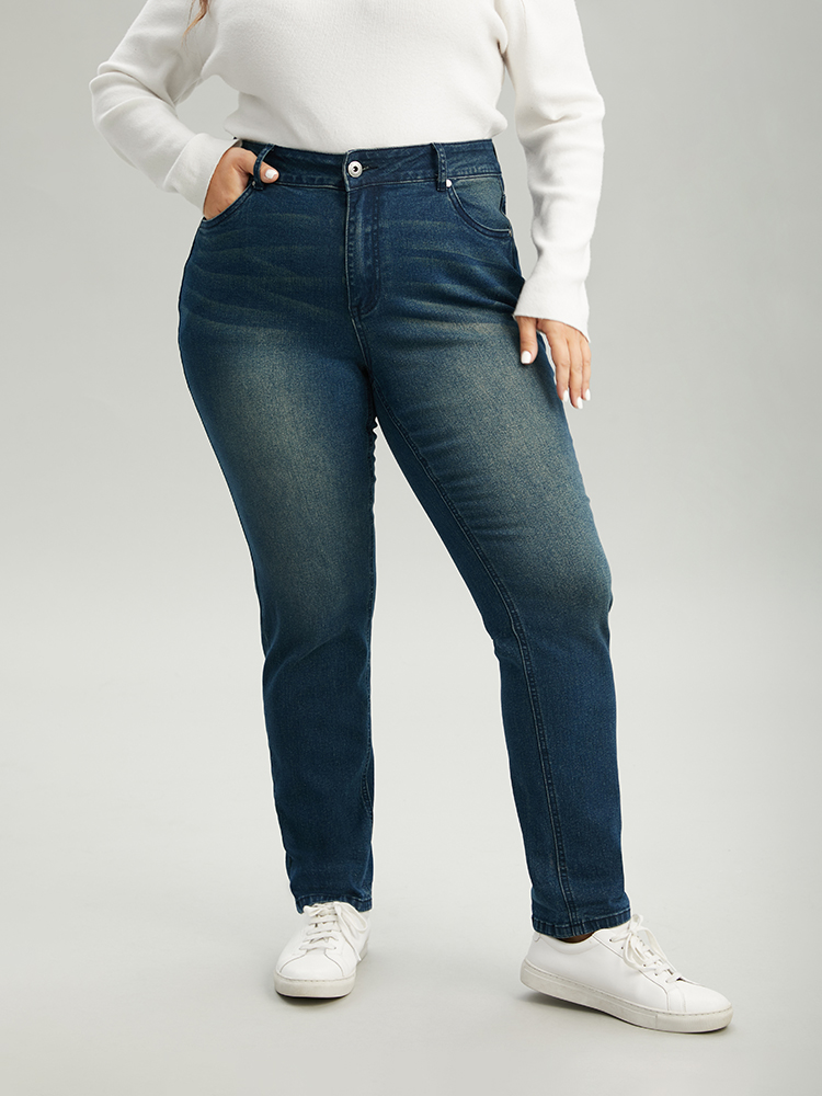 Plus Size Very Stretchy Straight Leg Roll Hem Jeans Women Aegean Casual Plain Plain High stretch Pocket Jeans BloomChic 18/2X 