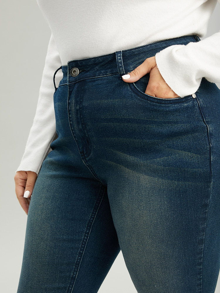 Plus Size Very Stretchy Straight Leg Roll Hem Jeans Women Aegean Casual Plain Plain High stretch Pocket Jeans BloomChic 18/2X 