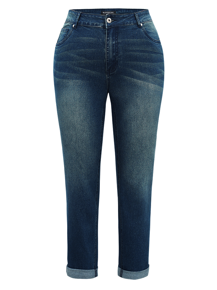 Plus Size Very Stretchy Straight Leg Roll Hem Jeans Women Aegean Casual Plain Plain High stretch Pocket Jeans BloomChic 18/2X 