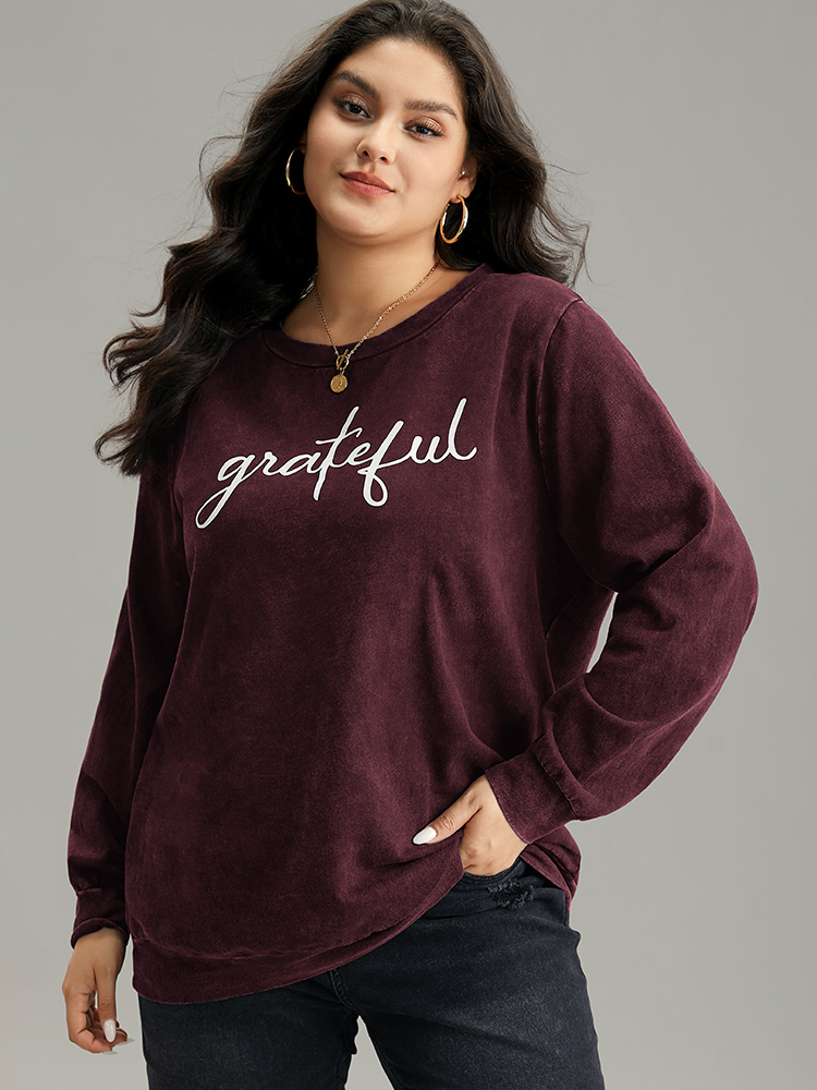 

Plus Size Solid Letter Print Crew Neck Sweatshirt Women Burgundy Casual Printed Dailywear Sweatshirts BloomChic