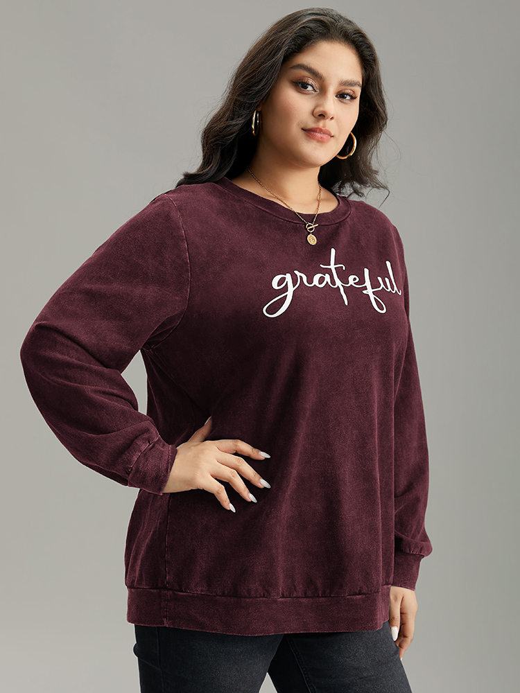 Plus Size Solid Letter Print Crew Neck Sweatshirt Women Burgundy Casual Printed Dailywear Sweatshirts BloomChic 14-16/1X 