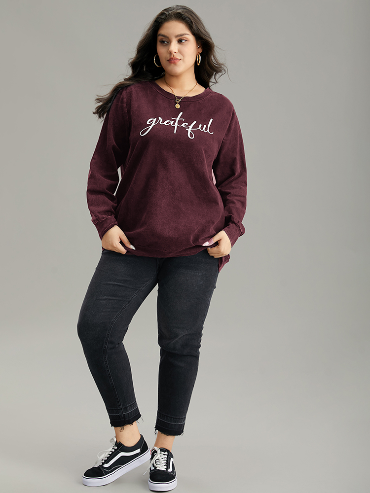 Plus Size Solid Letter Print Crew Neck Sweatshirt Women Burgundy Casual Printed Dailywear Sweatshirts BloomChic 14-16/1X 