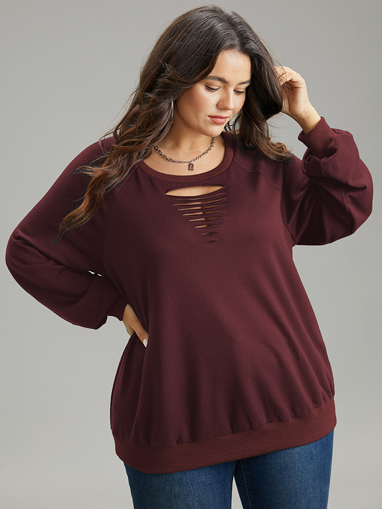 

Plus Size Solid Rib Knit Cut Out Raglan Sleeve Sweatshirt Women Burgundy Casual Rib Knit Keyhole Cut-Out Everyday Sweatshirts BloomChic