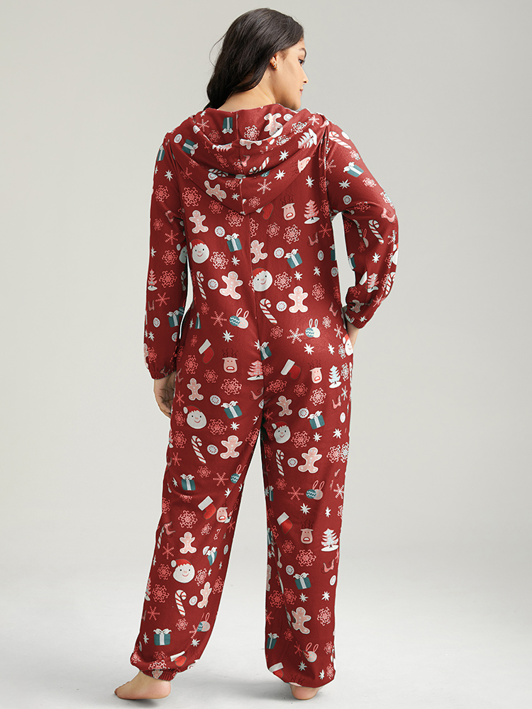 Side view of BloomChic Women's Plus Size Christmas Graphic Print Hooded Pocket Lounge Jumpsuit Red 14-16/1X