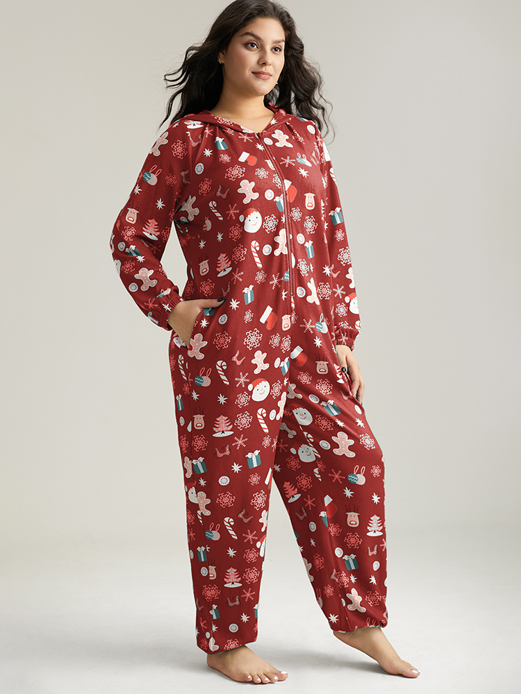 Side view of BloomChic Women's Plus Size Christmas Graphic Print Hooded Pocket Lounge Jumpsuit Red 14-16/1X