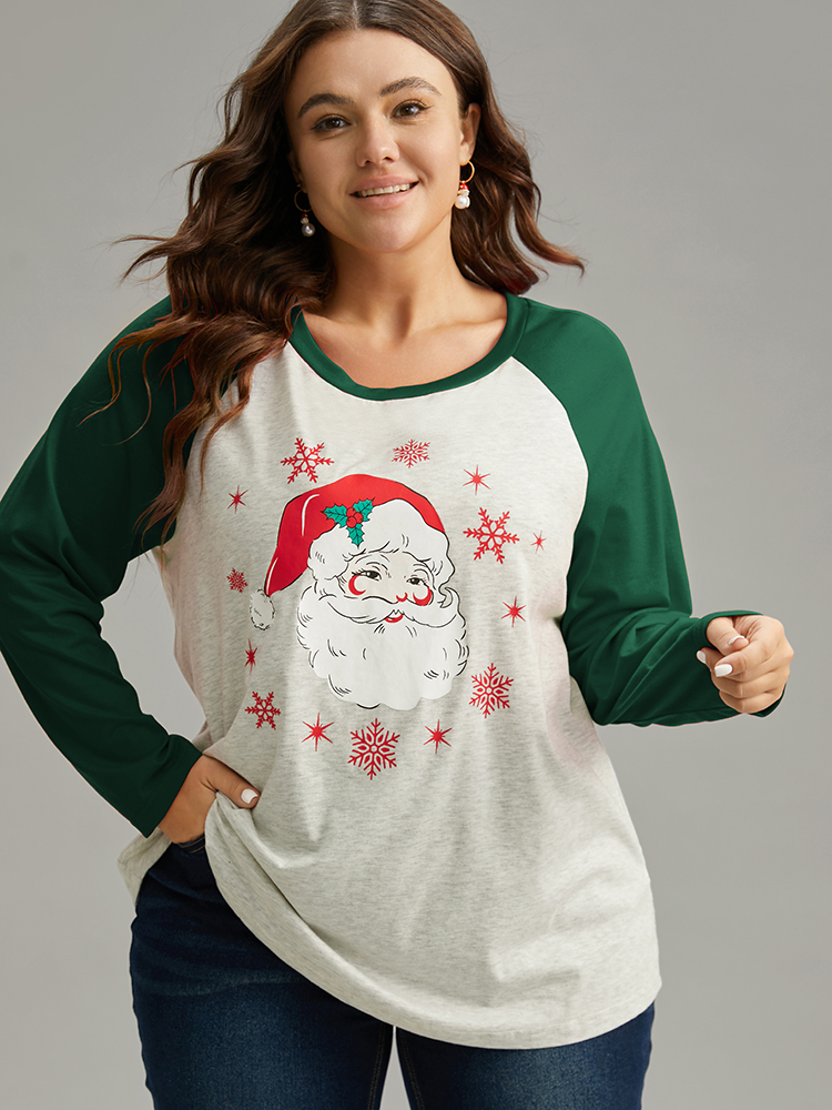 

Plus Size Christmas Graphic Contrast Raglan Sleeve T-shirt Green Women Casual Contrast Christmas Festival-Christmas T-shirts BloomChic