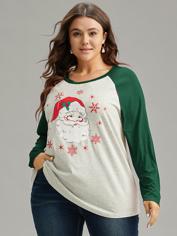 

Plus Size Christmas Graphic Contrast Raglan Sleeve T-shirt Green Women Casual Contrast Christmas Festival-Christmas T-shirts BloomChic