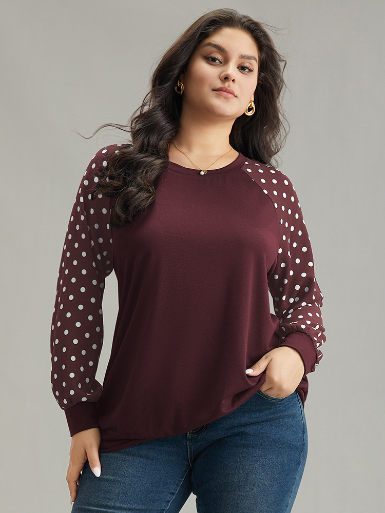 

Plus Size Polka Dot Patchwork Raglan Sleeve Sweatshirt Women Burgundy Casual Elastic cuffs Round Neck Everyday Sweatshirts BloomChic