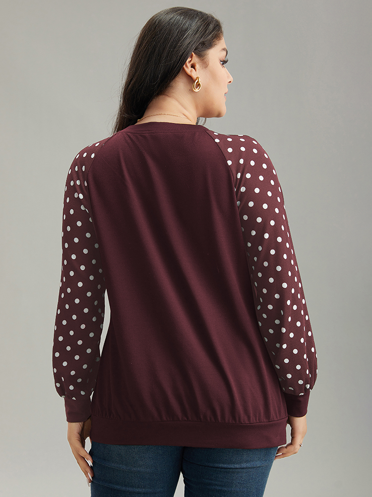 Plus Size Polka Dot Patchwork Raglan Sleeve Sweatshirt Women Burgundy Casual Elastic cuffs Round Neck Everyday Sweatshirts BloomChic 10/M 