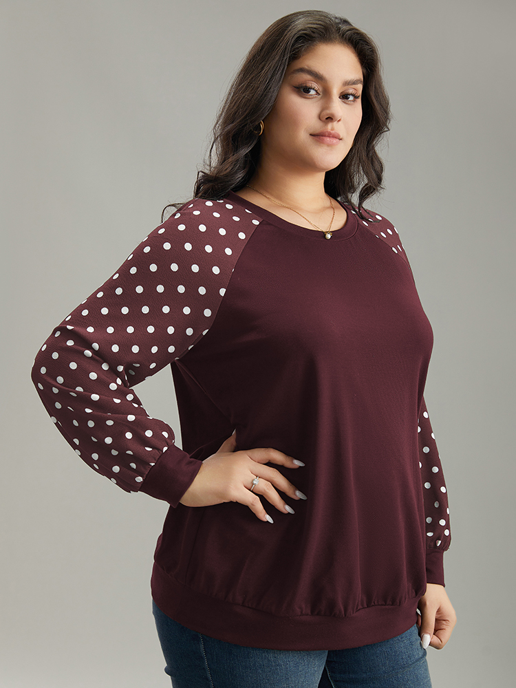 

Plus Size Polka Dot Patchwork Raglan Sleeve Sweatshirt Women Burgundy Casual Elastic cuffs Round Neck Everyday Sweatshirts BloomChic