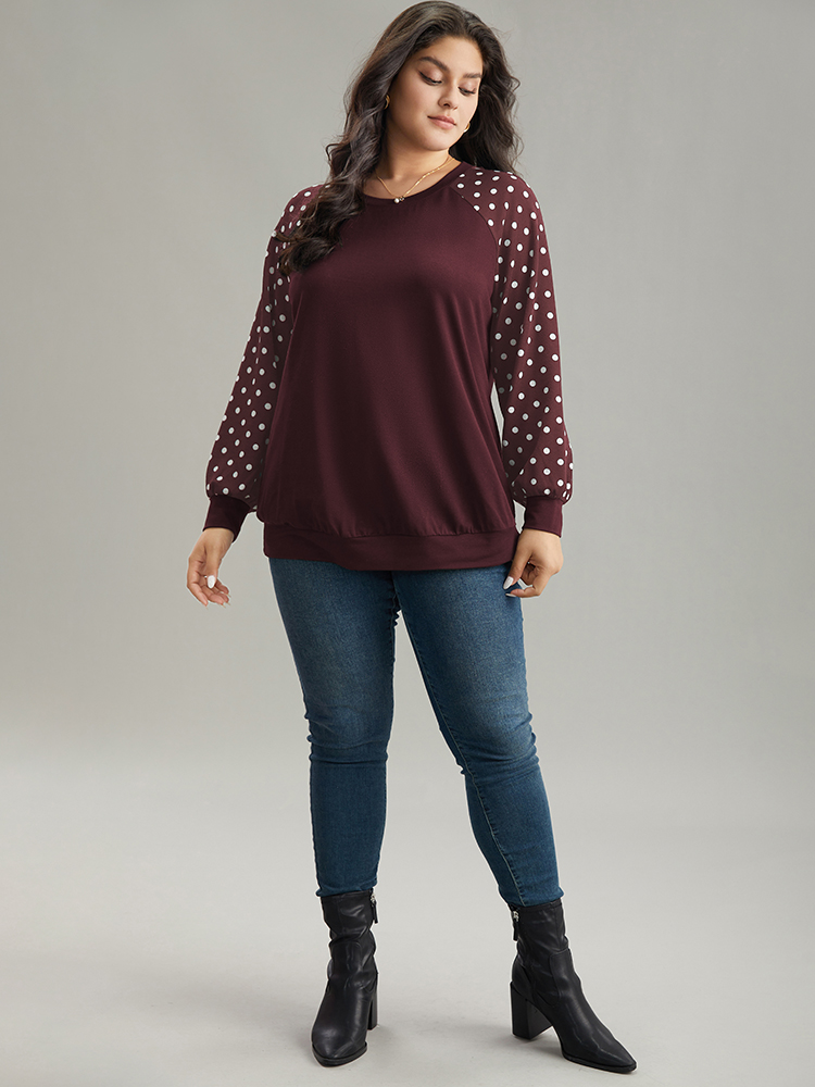 Plus Size Polka Dot Patchwork Raglan Sleeve Sweatshirt Women Burgundy Casual Elastic cuffs Round Neck Everyday Sweatshirts BloomChic 10/M 