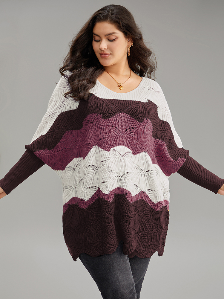 

Plus Size Contrast Cut Out Batwing Sleeve Pullover RedViolet Women Casual Loose Long Sleeve V-neck Everyday Pullovers BloomChic